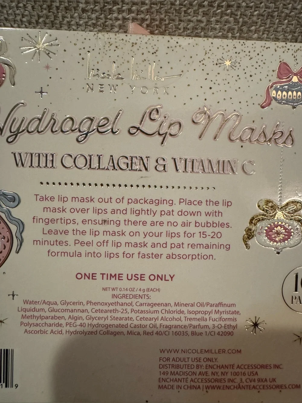 Nicole Miller New York Hydrating Hydrogel Lip Masks Holiday Gift Set - New 10 ct